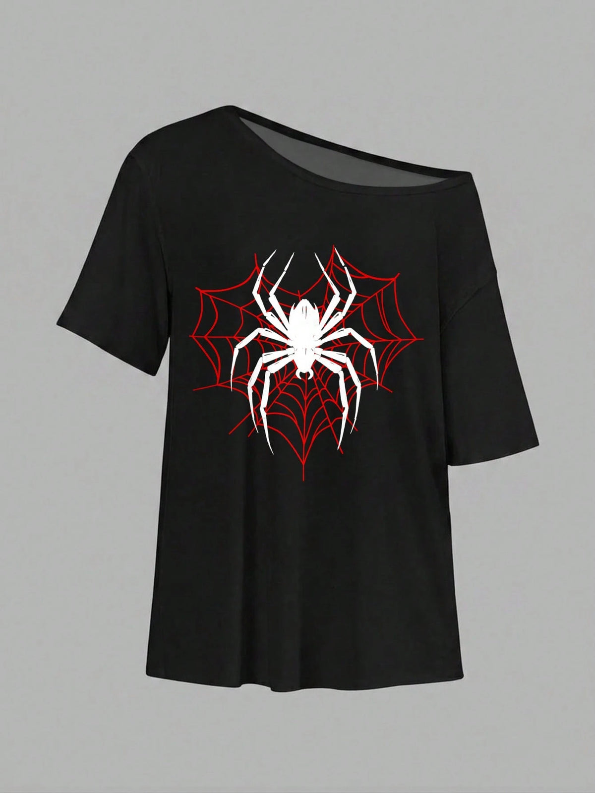 SXV SPIDER TRAP Oversized Off Shoulder Graphic Tee With Distressed Slogan Print