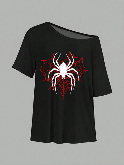 SXV SPIDER TRAP Oversized Off Shoulder Graphic Tee With Distressed Slogan Print