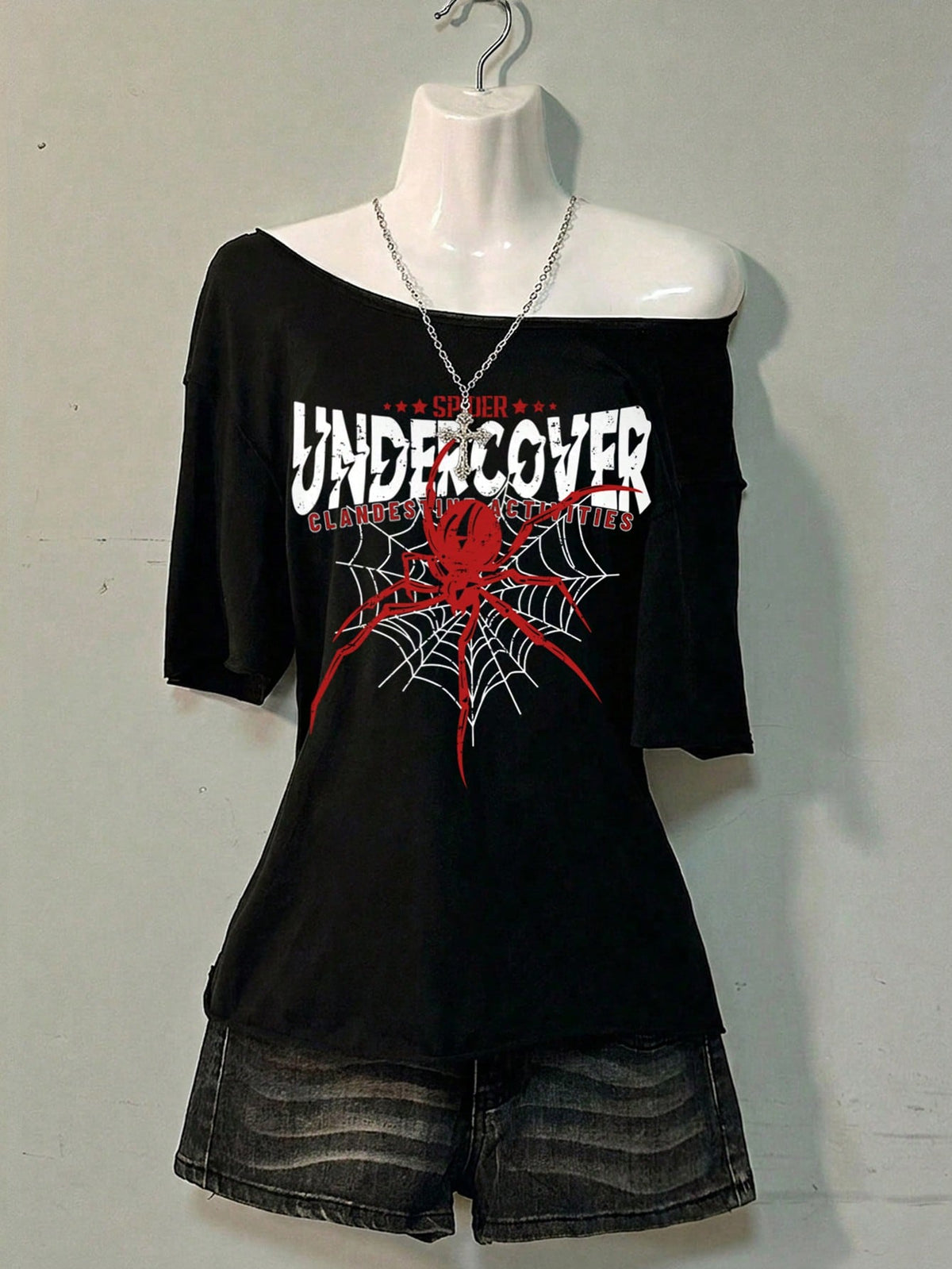 SXV UNDERCOVER SPIDER Oversized Off Shoulder Graphic Tee With Distressed Slogan Print