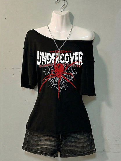SXV UNDERCOVER SPIDER Oversized Off Shoulder Graphic Tee With Distressed Slogan Print