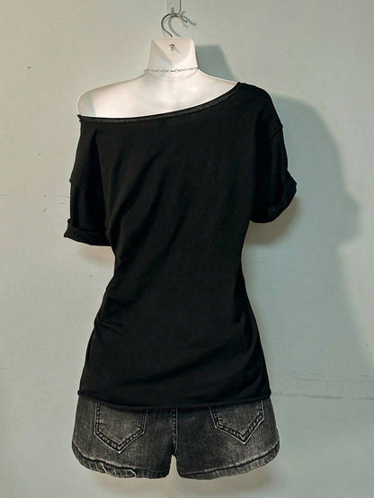SXV UNDERCOVER SPIDER Oversized Off Shoulder Graphic Tee With Distressed Slogan Print