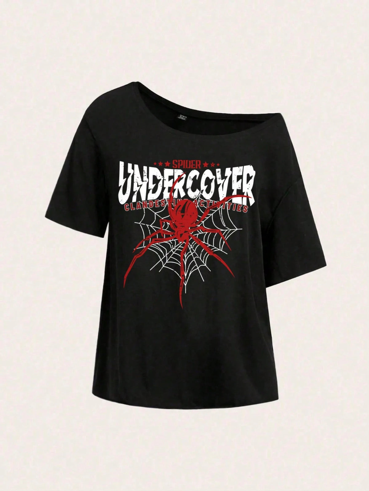 SXV UNDERCOVER SPIDER Oversized Off Shoulder Graphic Tee With Distressed Slogan Print