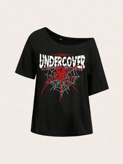 SXV UNDERCOVER SPIDER Oversized Off Shoulder Graphic Tee With Distressed Slogan Print