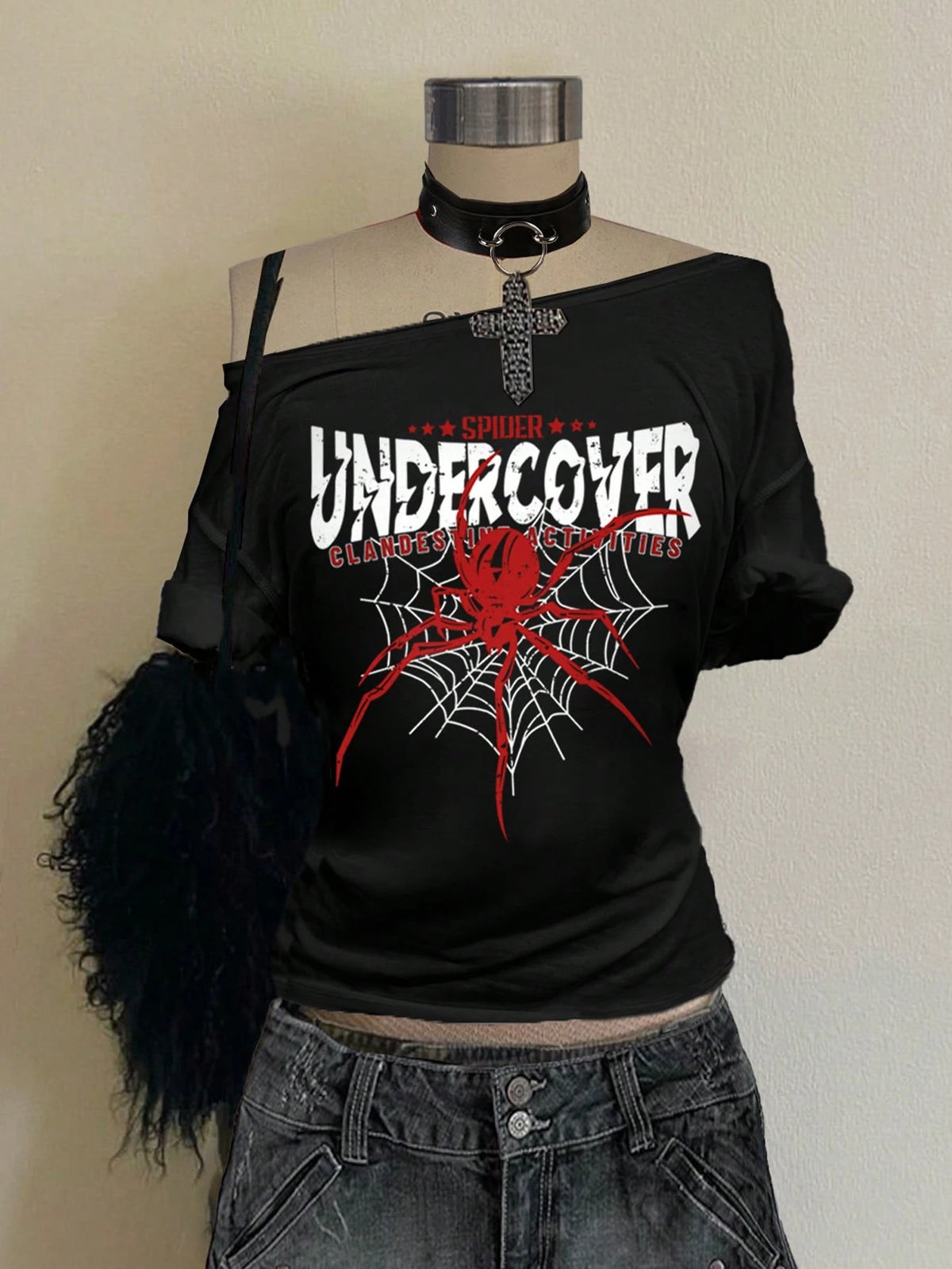 SXV UNDERCOVER SPIDER Oversized Off Shoulder Graphic Tee With Distressed Slogan Print