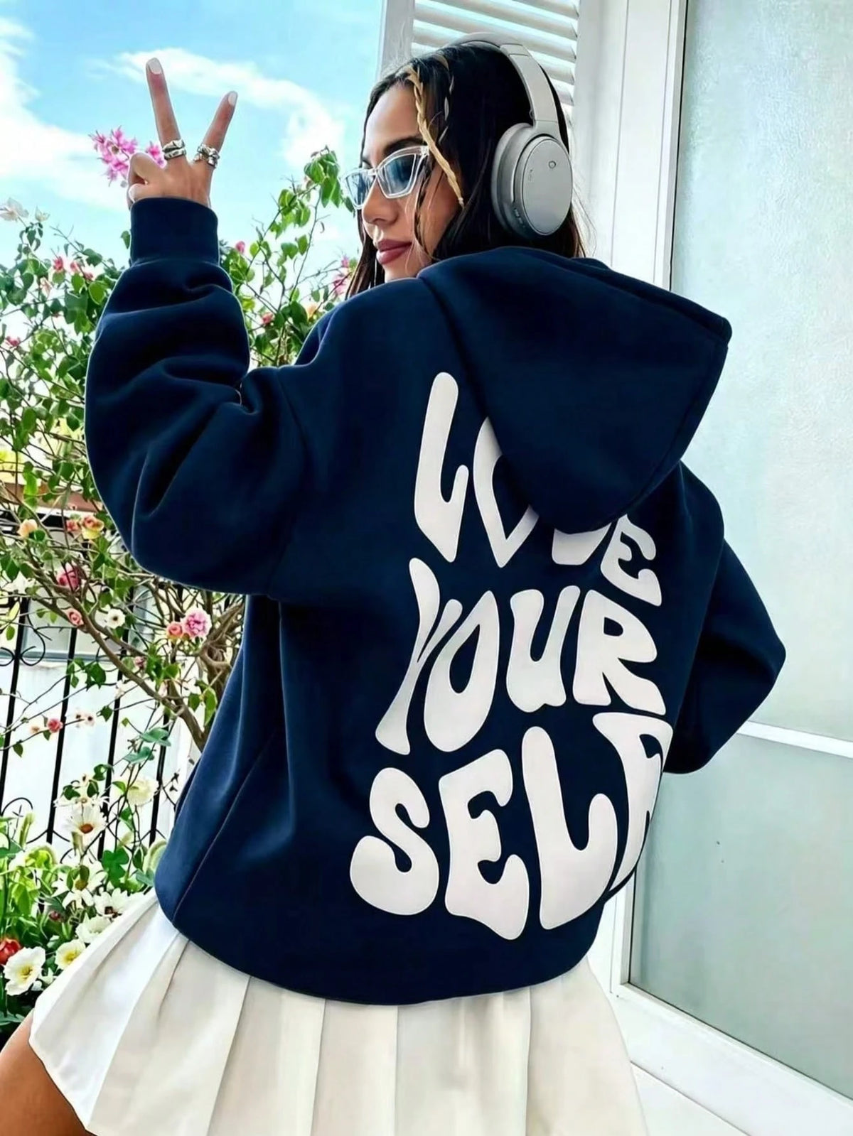 SXV Summer Slogan Graphic Drop-Shoulder Drawstring Fleece-Lined Hoodie LOVE YOURSELF.Healthy
