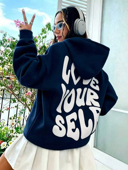 SXV Summer Slogan Graphic Drop-Shoulder Drawstring Fleece-Lined Hoodie LOVE YOURSELF.Healthy