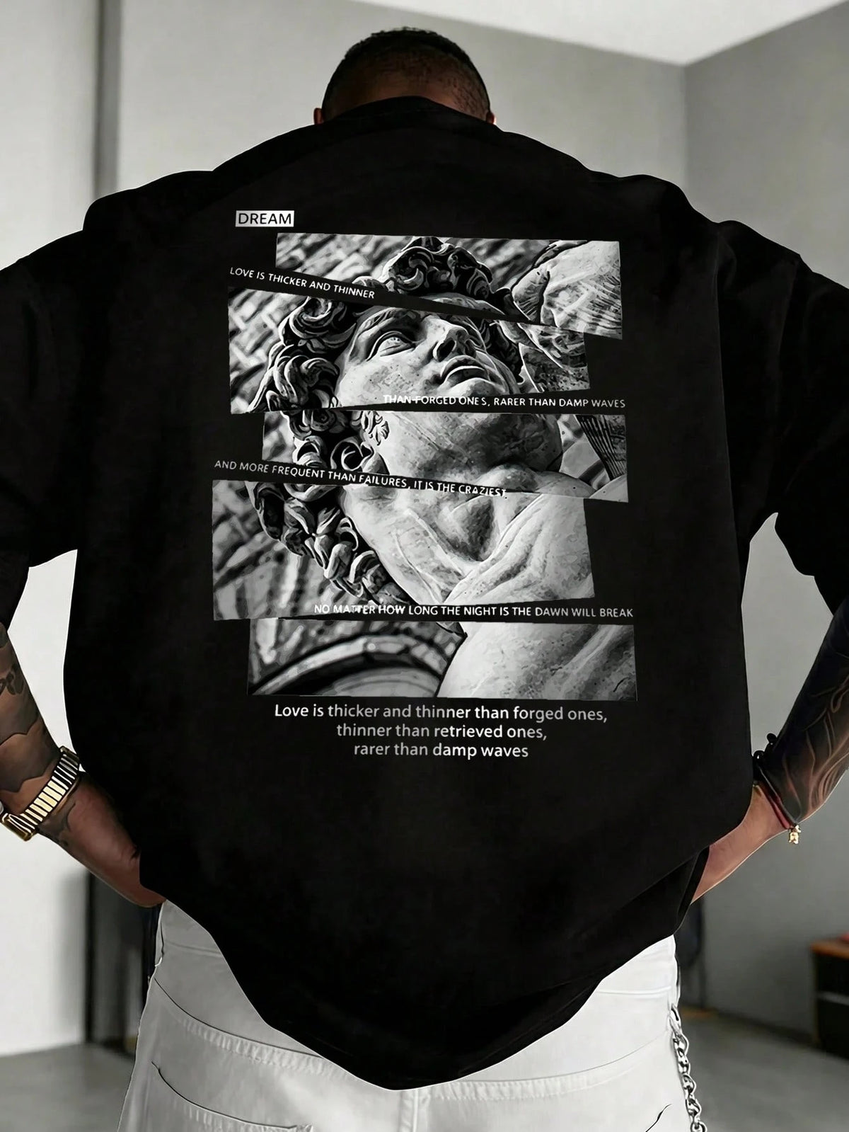 SXV Vintage David Statue Patchwork Back Print Short Sleeve T-Shirt