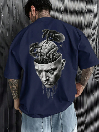 SXV Summer Fashion Versatile Mask Brain Print Crew Neck Short Sleeve T-Shirt
