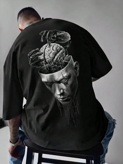 SXV Summer Fashion Versatile Mask Brain Print Crew Neck Short Sleeve T-Shirt