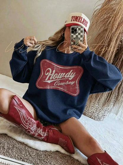SXV HOWDY COWBOY Print Burgundy Crew Neck Short Pullover Sweatshirt