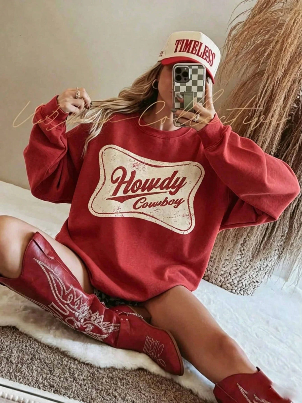 SXV HOWDY COWBOY Print Burgundy Crew Neck Short Pullover Sweatshirt