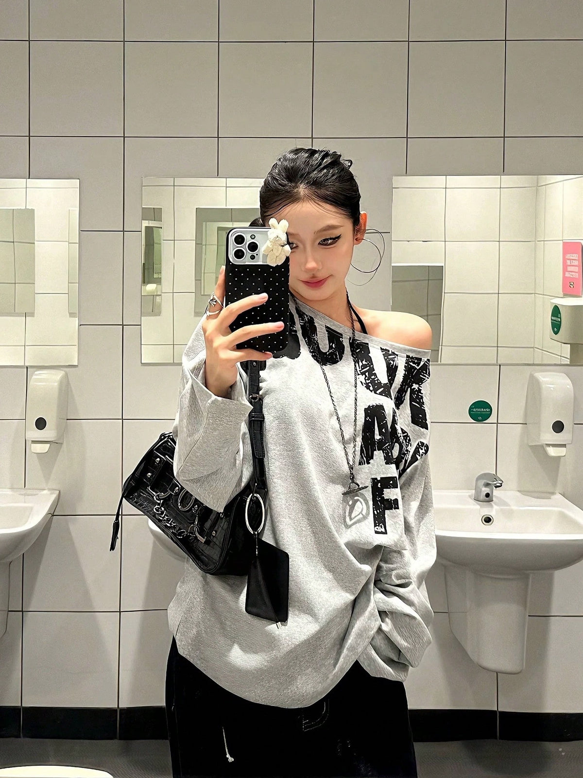SXV 900k Y2K Graphics Comfortable Asymmetrical Neck Off The Shoulder Long Sleeve T-Shirt