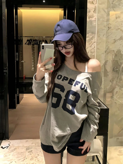SXV hopeful Y2K Graphics Comfortable Asymmetrical Neck Off The Shoulder Long Sleeve T-Shirt