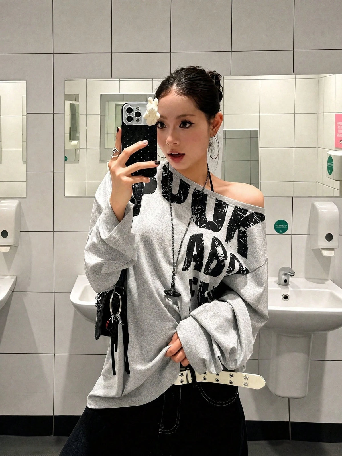 SXV 900k Y2K Graphics Comfortable Asymmetrical Neck Off The Shoulder Long Sleeve T-Shirt