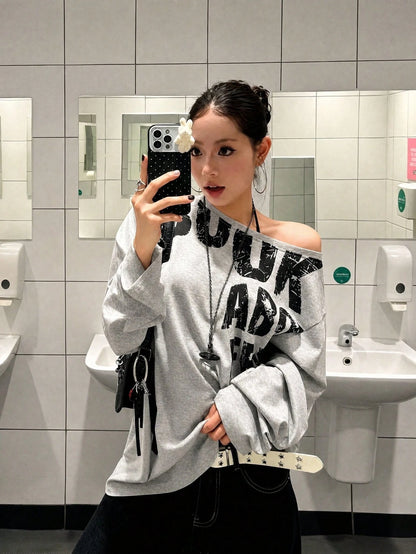 SXV 900k Y2K Graphics Comfortable Asymmetrical Neck Off The Shoulder Long Sleeve T-Shirt