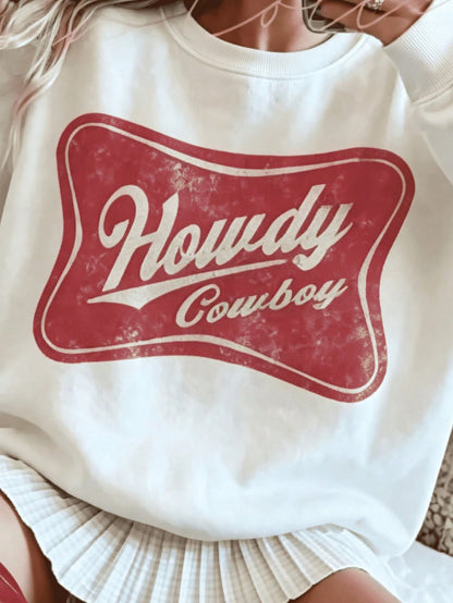 SXV HOWDY COWBOY Print Burgundy Crew Neck Short Pullover Sweatshirt