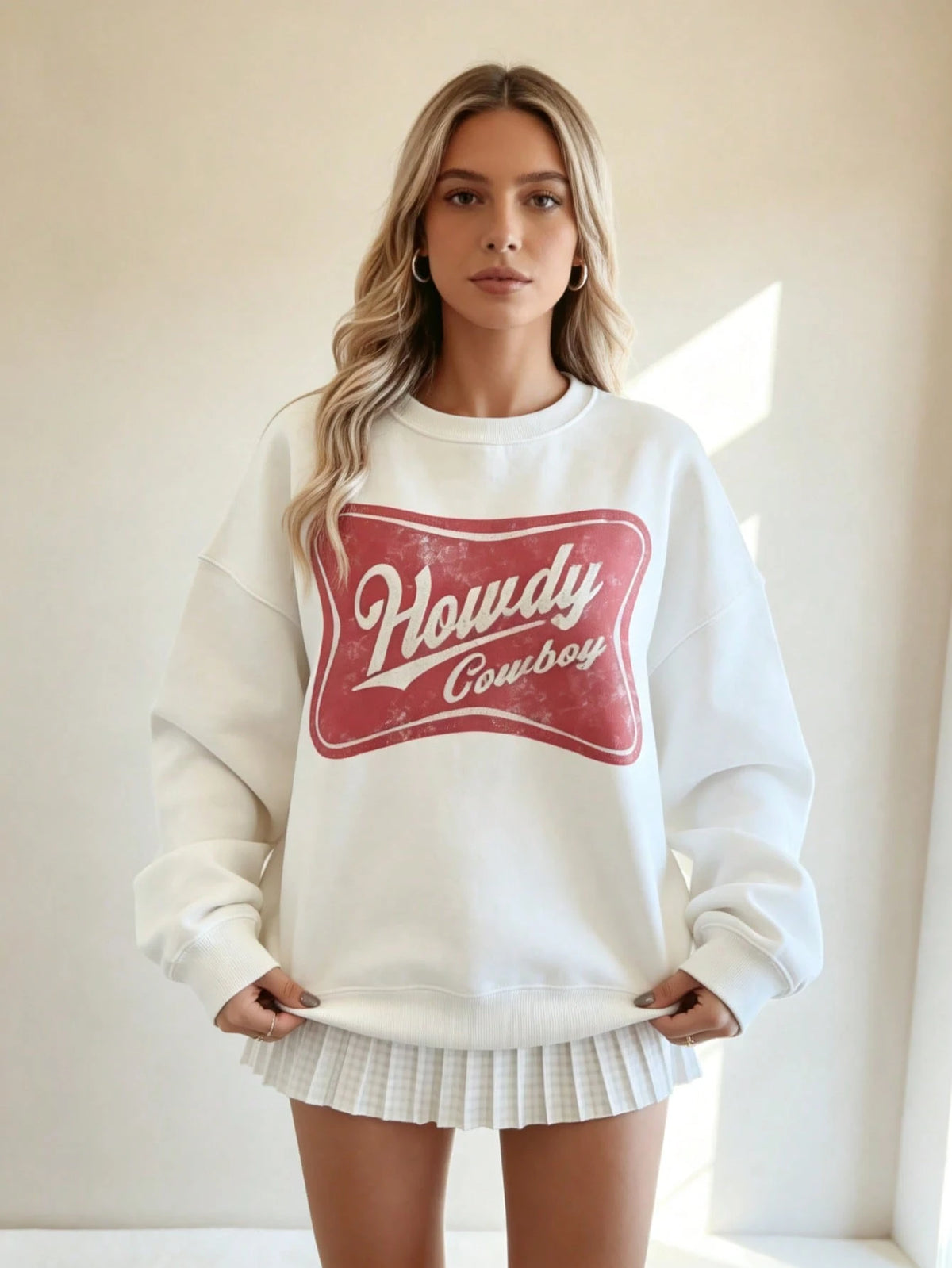 SXV HOWDY COWBOY Print Burgundy Crew Neck Short Pullover Sweatshirt