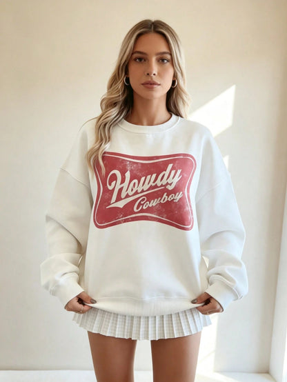 SXV HOWDY COWBOY Print Burgundy Crew Neck Short Pullover Sweatshirt