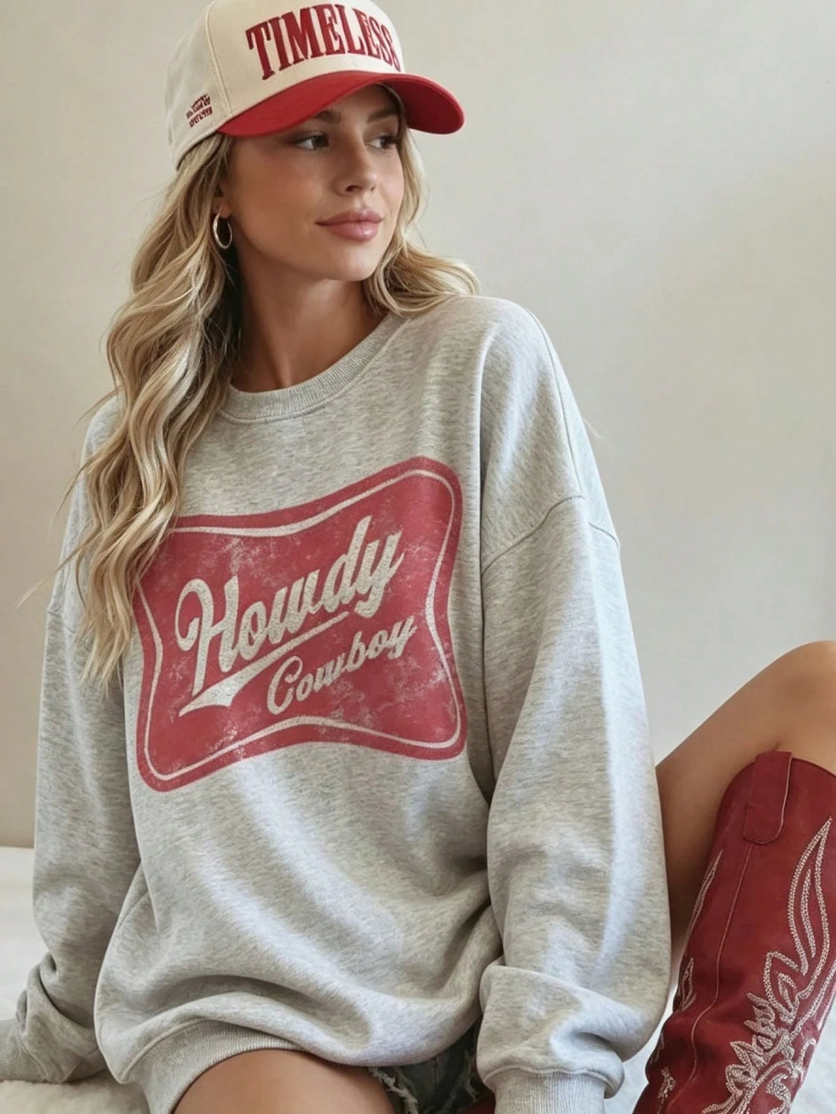 SXV HOWDY COWBOY Print Burgundy Crew Neck Short Pullover Sweatshirt