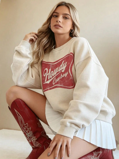 SXV HOWDY COWBOY Print Burgundy Crew Neck Short Pullover Sweatshirt
