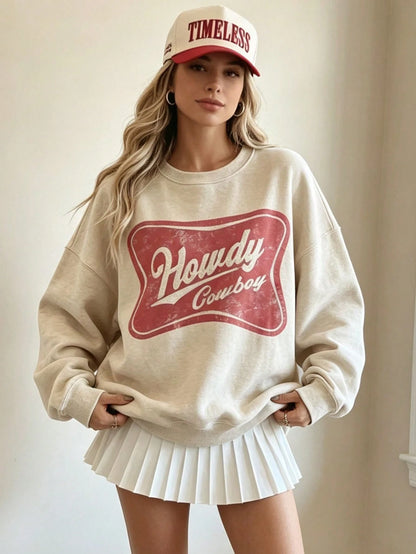SXV HOWDY COWBOY Print Burgundy Crew Neck Short Pullover Sweatshirt