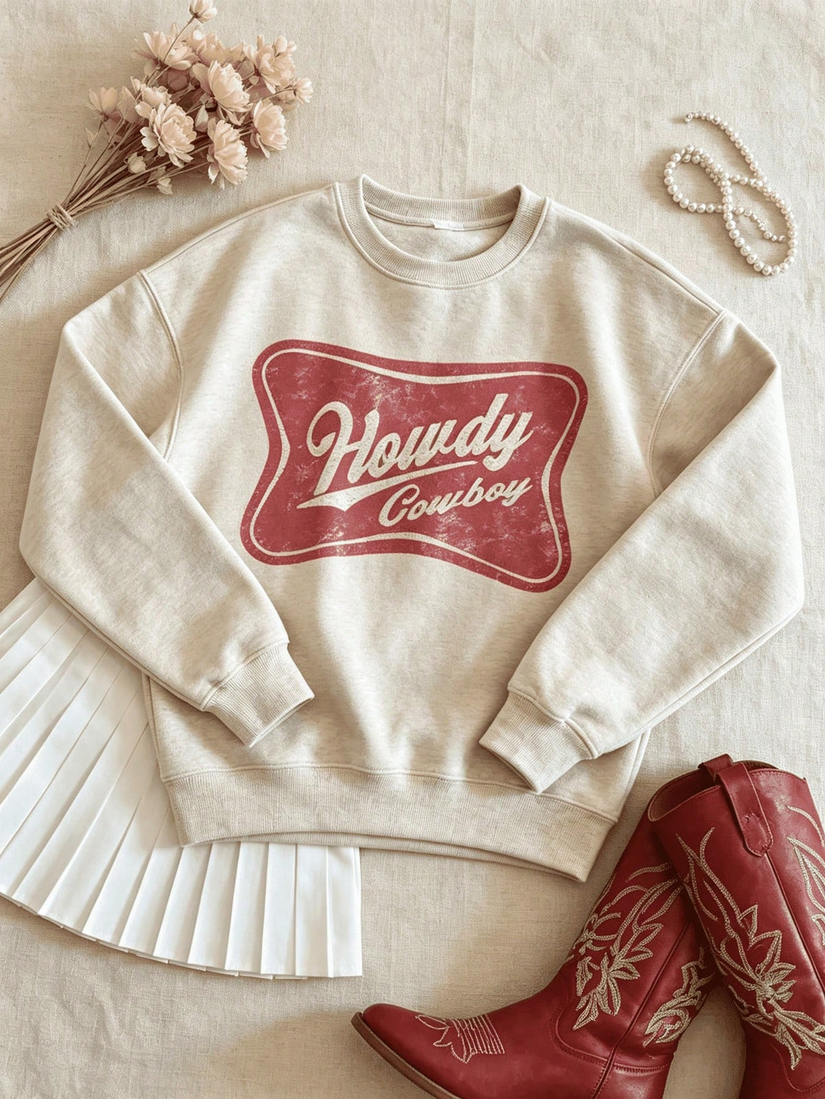 SXV HOWDY COWBOY Print Burgundy Crew Neck Short Pullover Sweatshirt