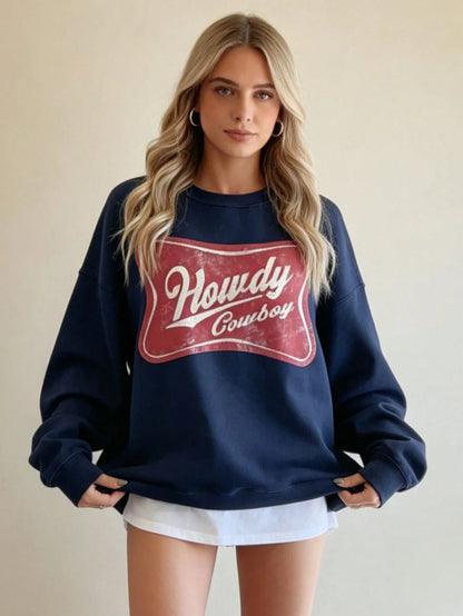 SXV HOWDY COWBOY Print Burgundy Crew Neck Short Pullover Sweatshirt