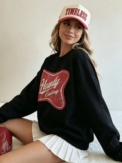 SXV HOWDY COWBOY Print Burgundy Crew Neck Short Pullover Sweatshirt