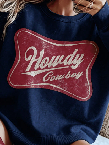 SXV HOWDY COWBOY Print Burgundy Crew Neck Short Pullover Sweatshirt