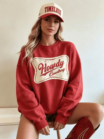 SXV HOWDY COWBOY Print Burgundy Crew Neck Short Pullover Sweatshirt