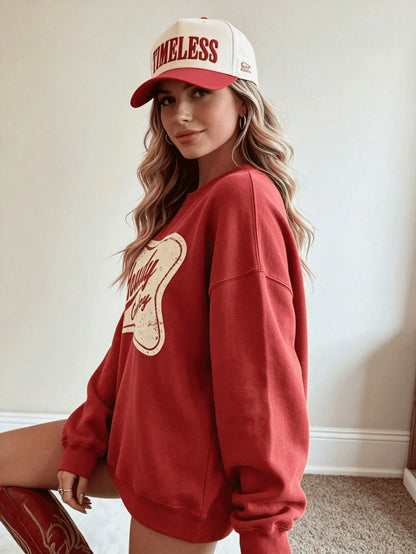 SXV HOWDY COWBOY Print Burgundy Crew Neck Short Pullover Sweatshirt