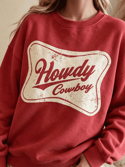 SXV HOWDY COWBOY Print Burgundy Crew Neck Short Pullover Sweatshirt