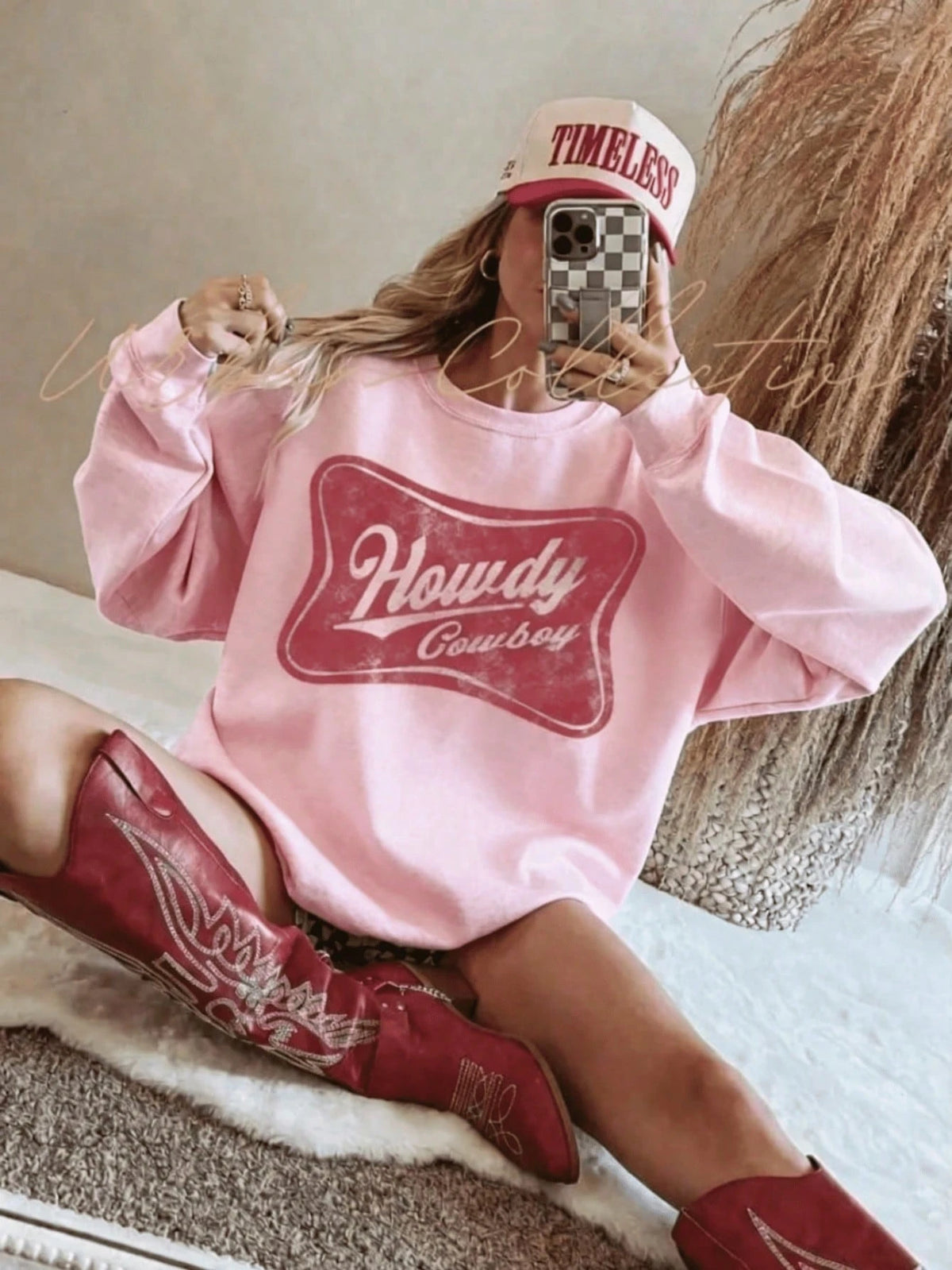 SXV HOWDY COWBOY Print Burgundy Crew Neck Short Pullover Sweatshirt