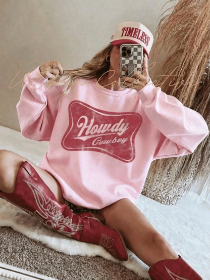 SXV HOWDY COWBOY Print Burgundy Crew Neck Short Pullover Sweatshirt