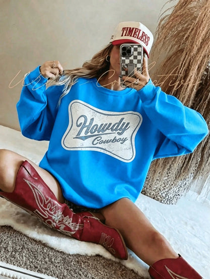 SXV HOWDY COWBOY Print Burgundy Crew Neck Short Pullover Sweatshirt
