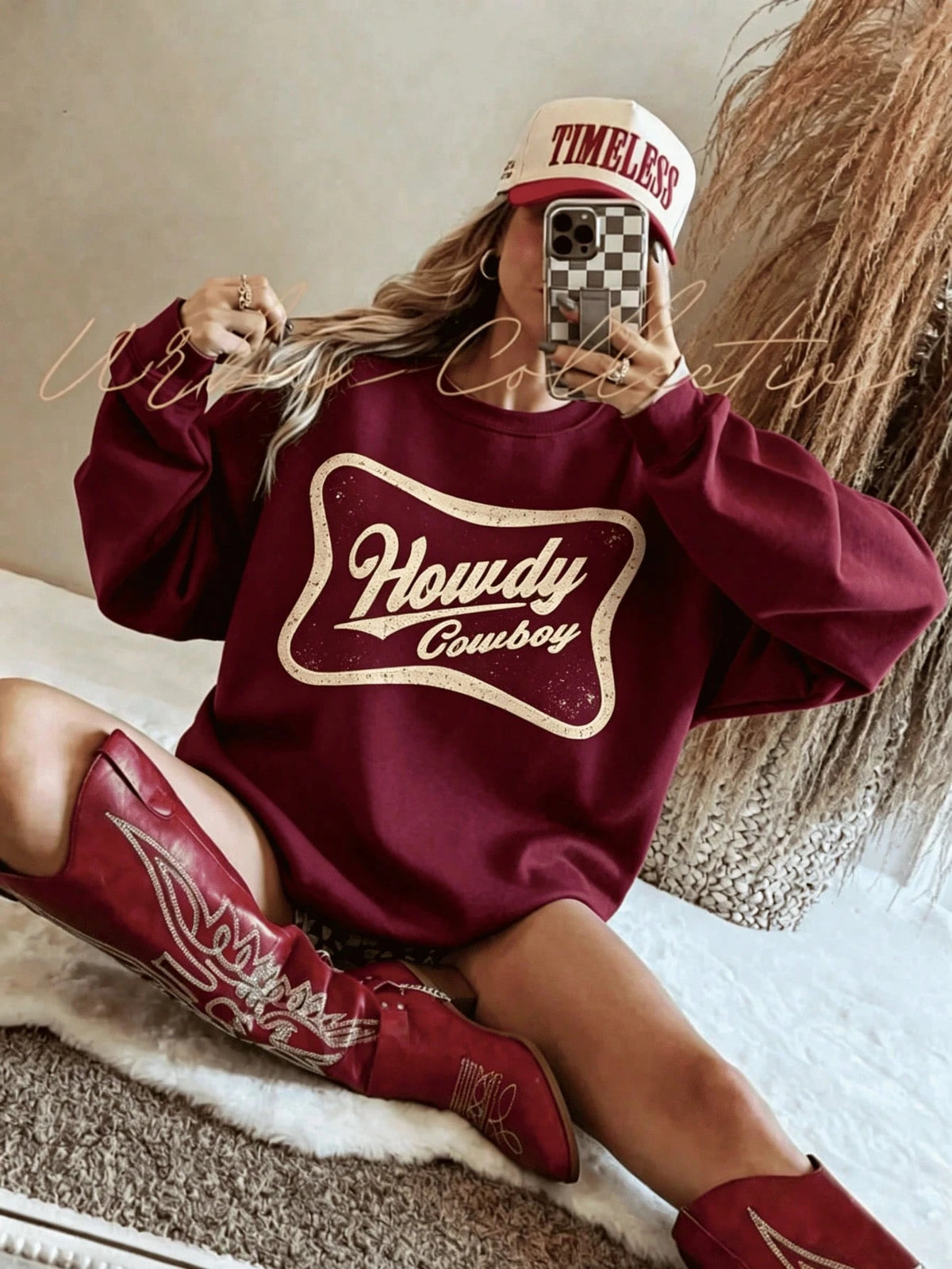 SXV HOWDY COWBOY Print Burgundy Crew Neck Short Pullover Sweatshirt