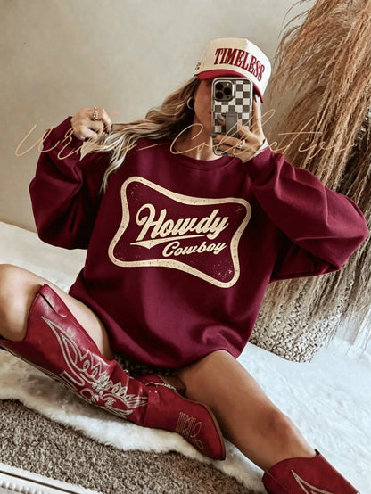 SXV HOWDY COWBOY Print Burgundy Crew Neck Short Pullover Sweatshirt