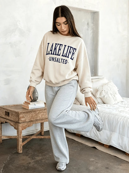 SXV Lake Life Unsalted Print Burgundy Crew Neck Short Pullover Sweatshirt