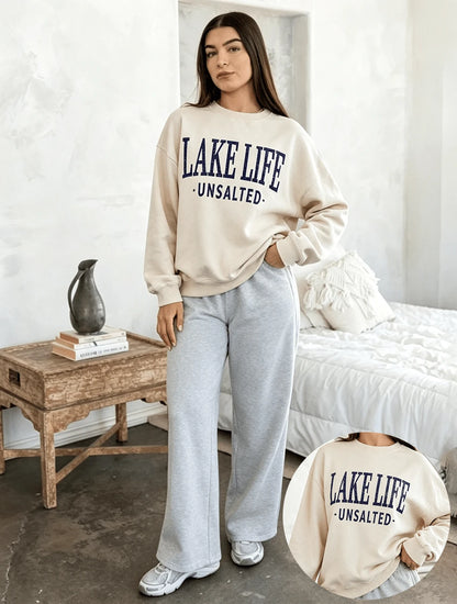 SXV Lake Life Unsalted Print Burgundy Crew Neck Short Pullover Sweatshirt