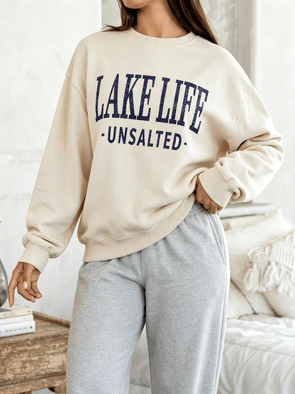 SXV Lake Life Unsalted Print Burgundy Crew Neck Short Pullover Sweatshirt