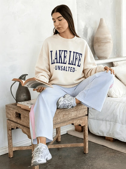 SXV Lake Life Unsalted Print Burgundy Crew Neck Short Pullover Sweatshirt