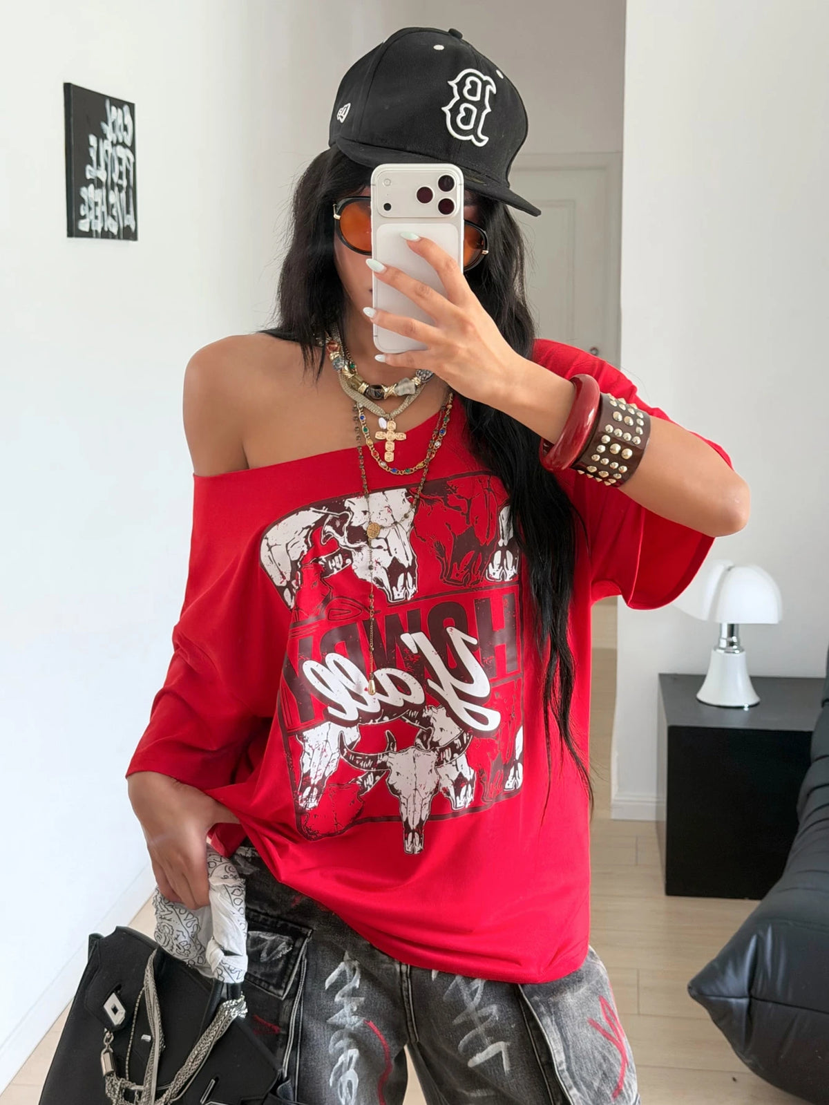 SXV howdy all girl Oversized Off Shoulder Graphic Tee With Distressed Slogan Print