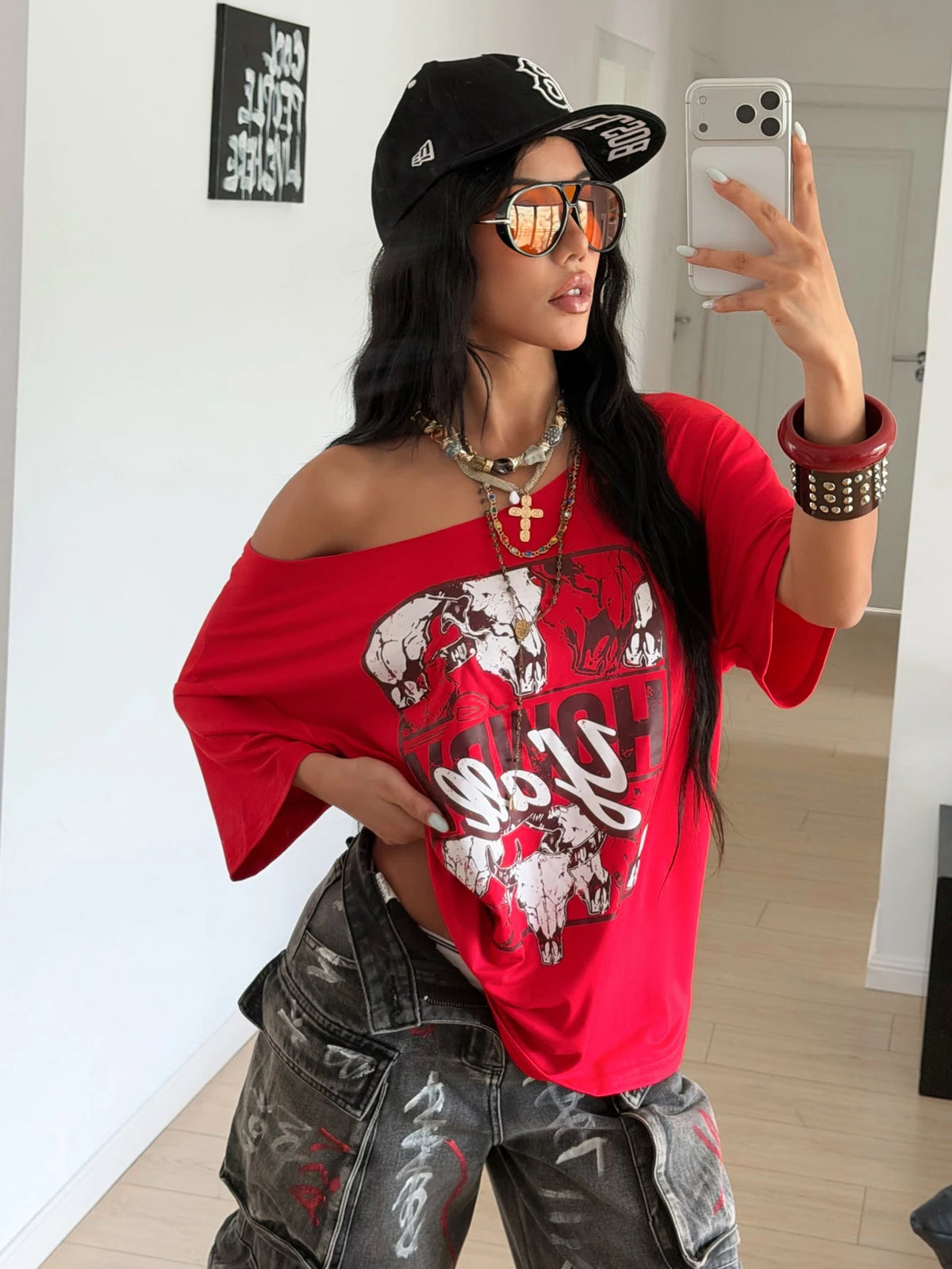 SXV howdy all girl Oversized Off Shoulder Graphic Tee With Distressed Slogan Print