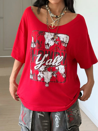 SXV howdy all girl Oversized Off Shoulder Graphic Tee With Distressed Slogan Print