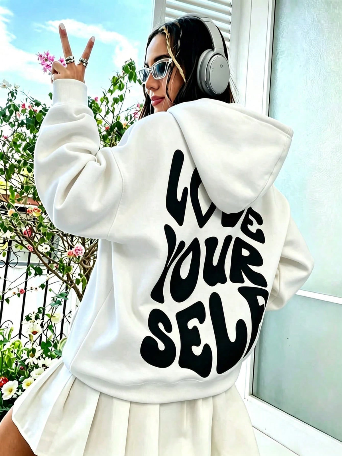 SXV Summer Slogan Graphic Drop-Shoulder Drawstring Fleece-Lined Hoodie LOVE YOURSELF.Healthy