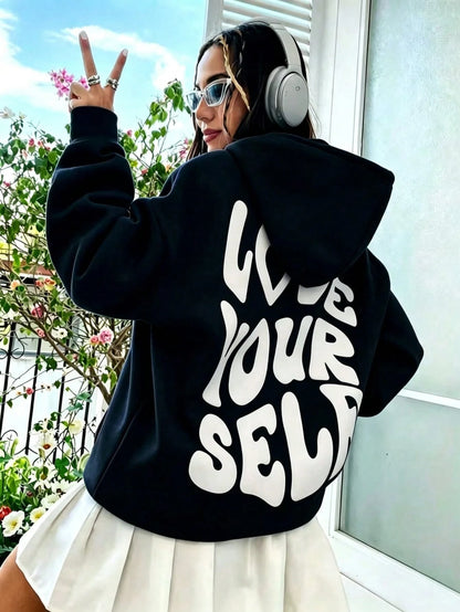 SXV Summer Slogan Graphic Drop-Shoulder Drawstring Fleece-Lined Hoodie LOVE YOURSELF.Healthy