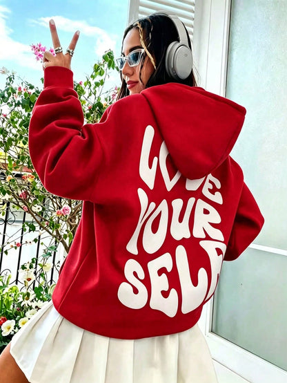 SXV Summer Slogan Graphic Drop-Shoulder Drawstring Fleece-Lined Hoodie LOVE YOURSELF.Healthy