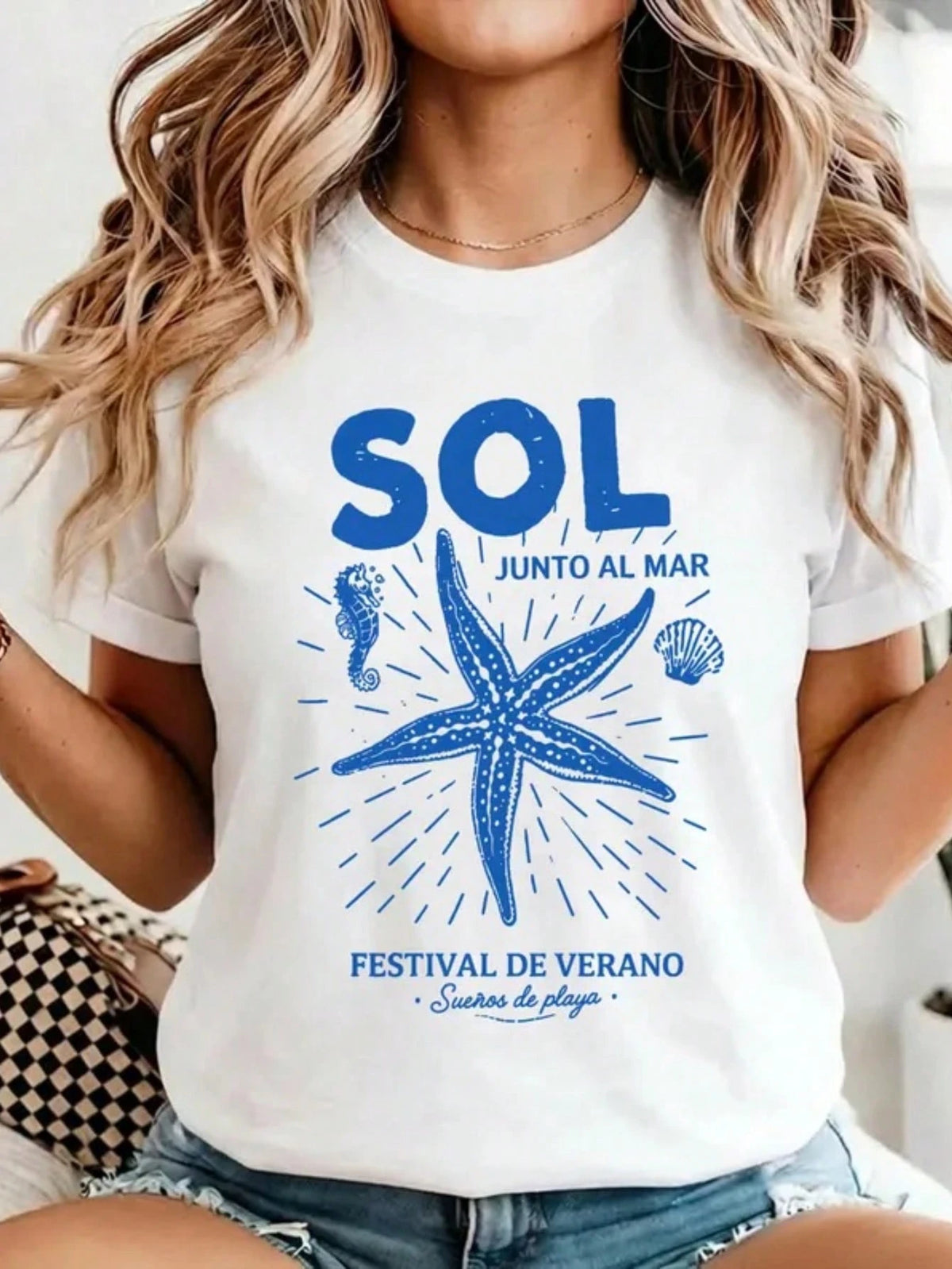 SXV Summer Beach Shirt Sol Junto Al Mar Beach Shirt Starfish Graphic Tee