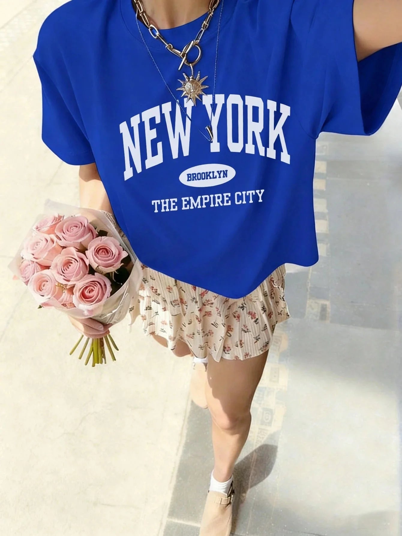 SXV Women's Summer Letter Print Off-Shoulder Loose Casual T-Shirt