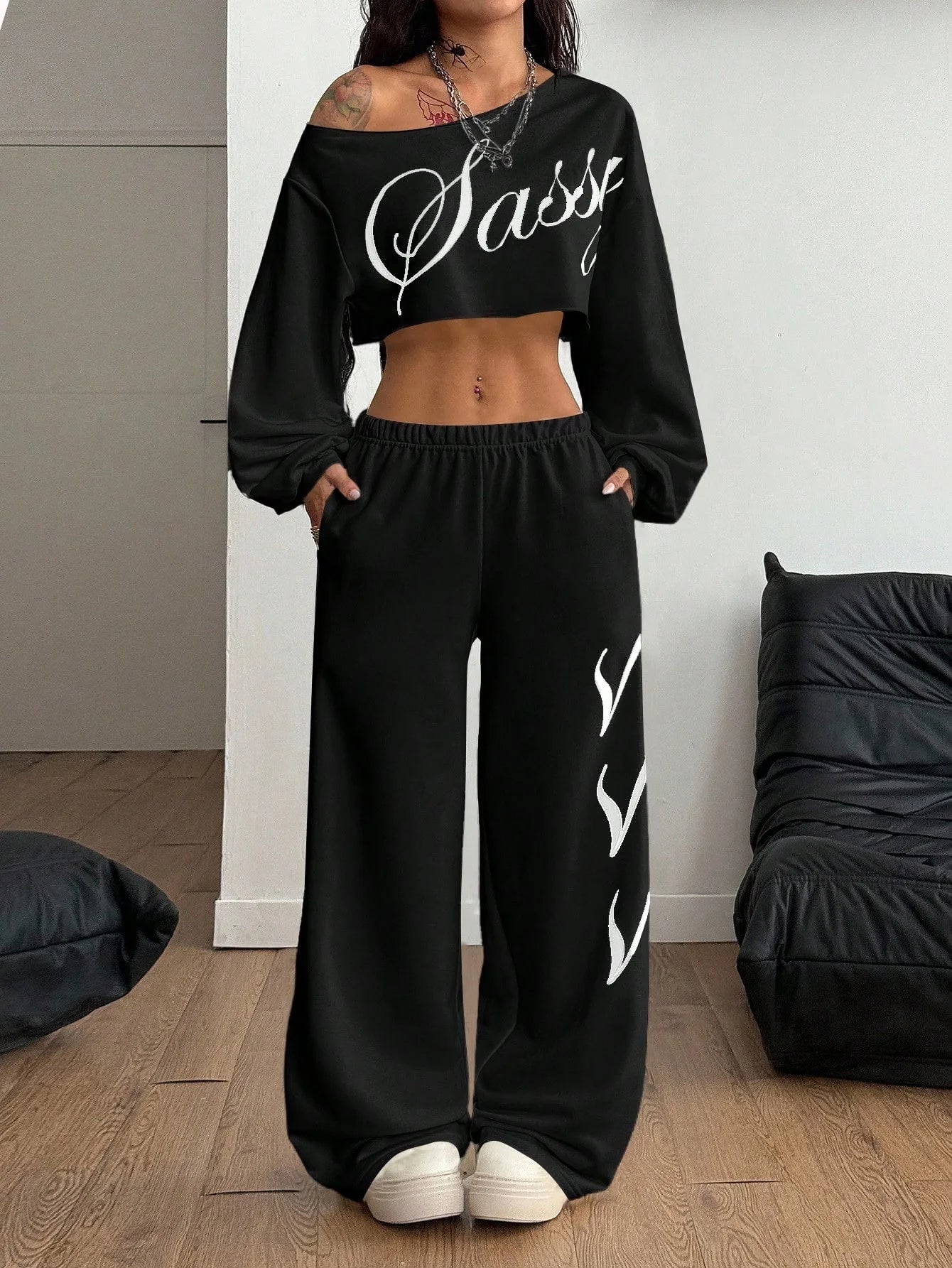 SXV Winter Going Out Streetwear Rave Cowgirl Sportswear Casual Music Festival Graphics Cropped Over Size Asymmetrical Neck Off Shoulder White Long Sleeve T-Shirt